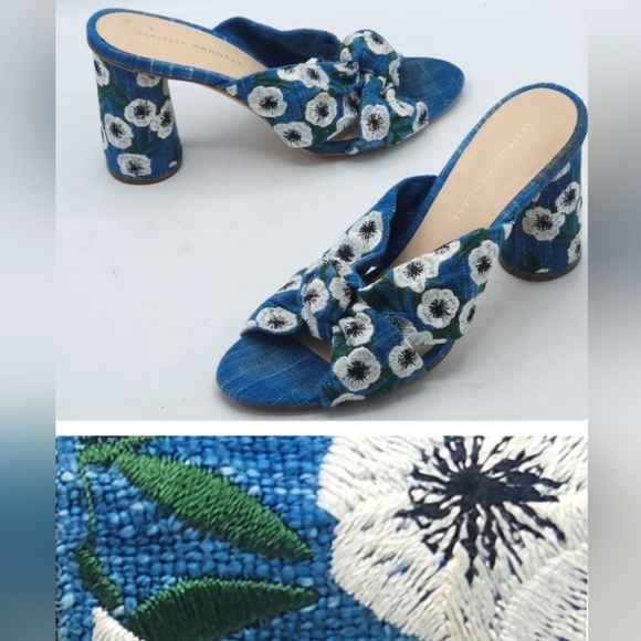 Loeffler Randall Embroidered Coco Blue White Floral Mules Block Heel Size 8 B - Picture 1 of 16